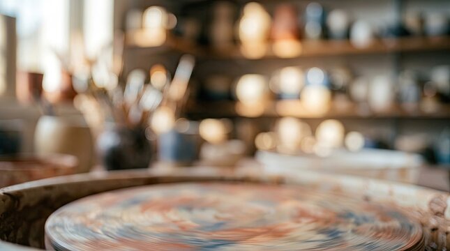 Spinning pottery wheel in a creative artist's workshop with a blurred background.