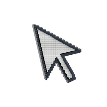 3d rendered pixelated computer mouse cursor arrow isolated on a solid black background, for digital interface isolated on a transparent background
