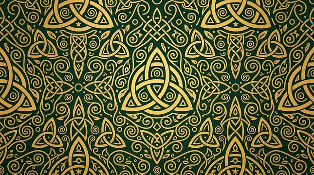 Intricate gold celtic knot pattern on dark green background