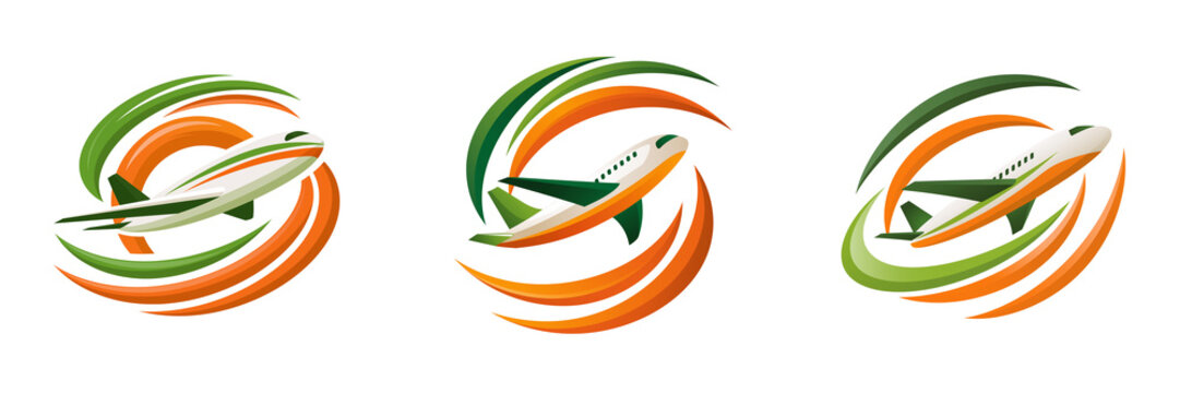 Set of Generic airline-inspired badge with stylized flight path and abstract bird silhouette, minimal vector-like appearance presented as a realistic on transparent png background. Ai generated