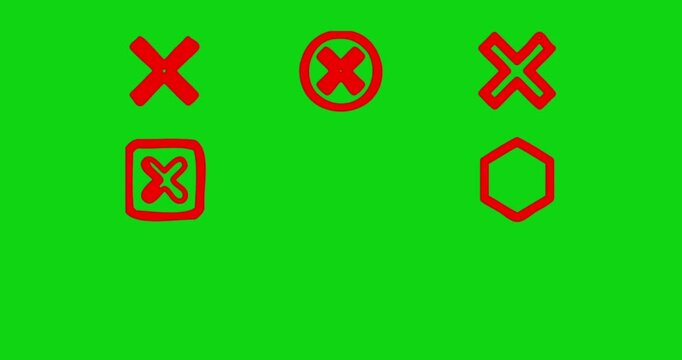 Animated red cross X mark and wrong symbol icons set on chroma key green screen background for video editing
