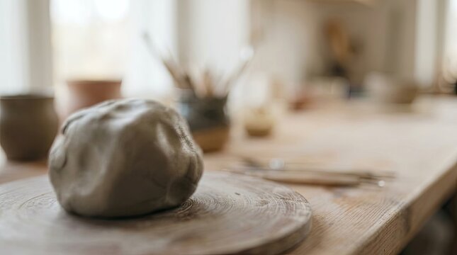 Clay lump on wooden board with pottery tools in artist studio