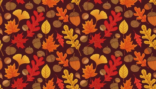 Seamless autumn leaf pattern illustration, orange and red foliage on dark brown background, fall nature wallpaper textile