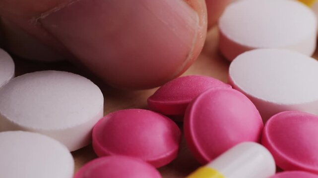 Colored medicines drugs pills, empty blisters of color pills vitamins, lot of antidepressants, on table, overdose