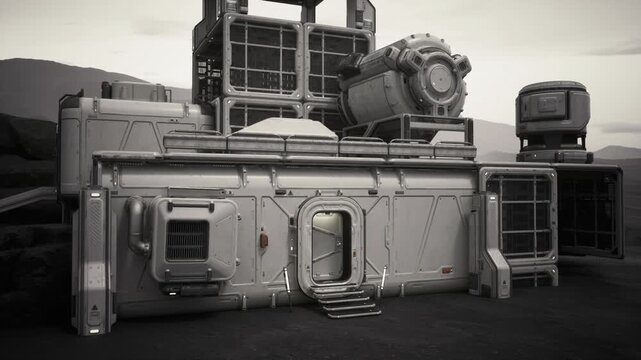 Exterior engineering bay space station module with machinery and cylindrical tanks, access ladders and service hatches, textured metal surfaces and utility