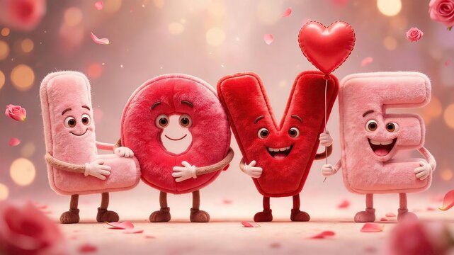 Animated Love Letters: A playful and charming representation of the word LOVE formed by animated, character-like letters, complete with blushing cheeks and rosy accents.