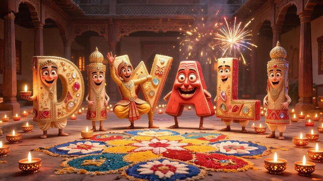 Diwali Celebration: Cartoon characters spelling out DIWALI adorned in traditional Indian attire, surrounded by vibrant rangoli and illuminated diyas, with fireworks in the background.