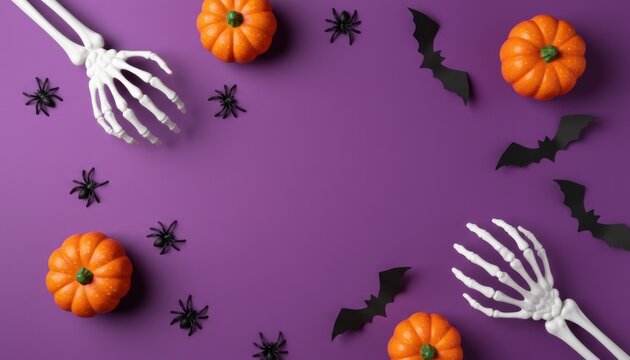 Halloween flat lay illustration on purple background, pumpkins bats and skeleton hands. Spooky autumn holiday banner