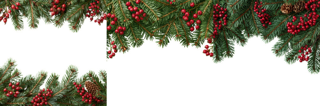 Set of Realistic evergreen Christmas branches intertwined with red berries forming a horizontal festive border on transparent png background. Ai generated