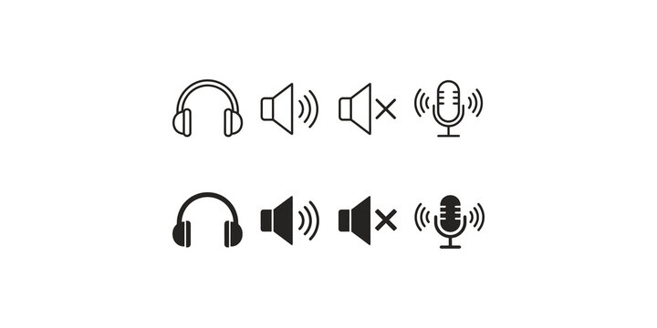 Audio communication icon set featuring headphones volume speakers and microphone symbols in line and solid styles on transparent backdrop.