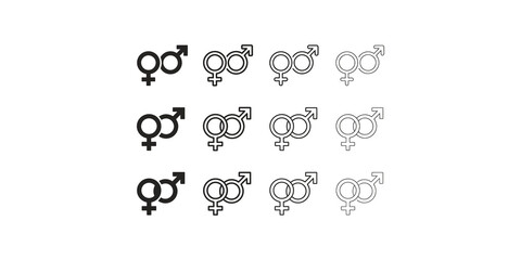 Gender symbols set showing male and female icons with various stroke weights and styles on a transparent background for graphic design. © Png World Collection