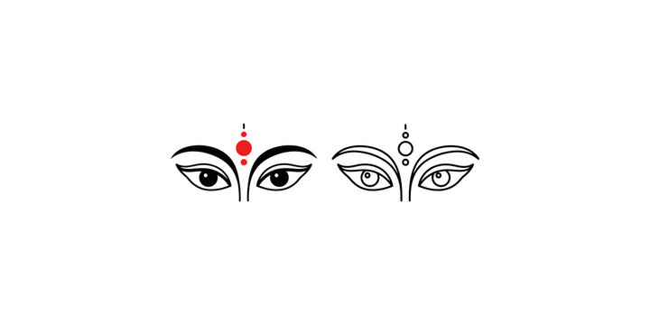 Goddess durga eyes illustration in black ink and red bindi dot featuring solid and outline versions on a transparent background layer.