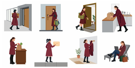 Fototapeta premium Woman daily routine after shopping and returning home flat vector illustration set