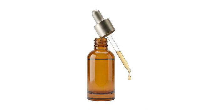 Amber glass dropper bottle with golden oil on white background. Natural herbal extract, essential oil, aromatherapy, cosmetic serum or tonic. Mockup design space. Halloween