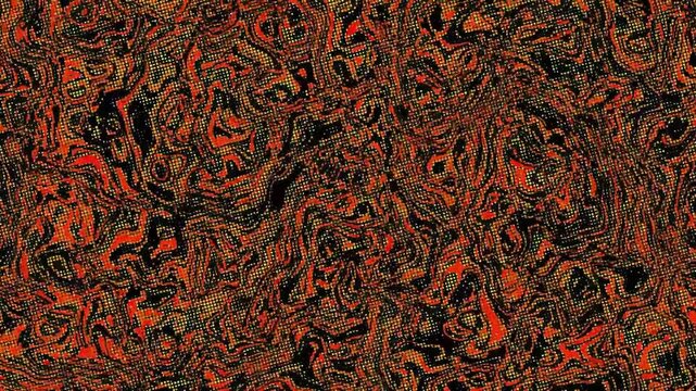 Dynamic abstract pattern with swirling liquid-like forms in vibrant orange, red, and black, creating a textured digital art background.