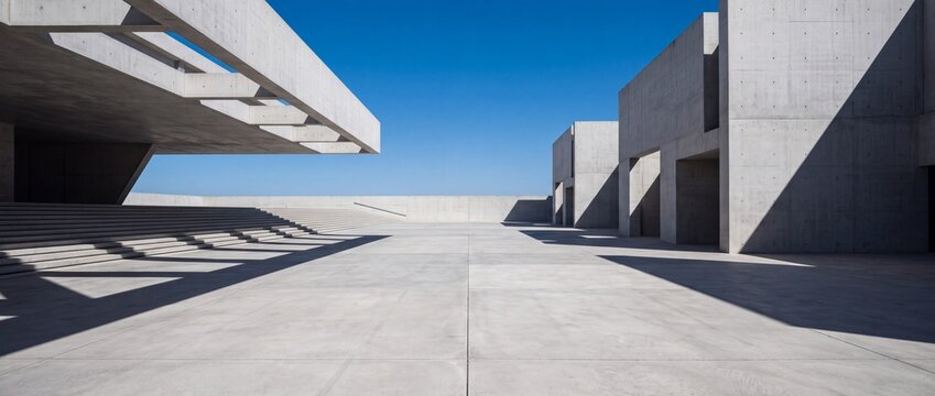 Modern concrete architecture of a public building on a sunny day with clear blue sky for urban design