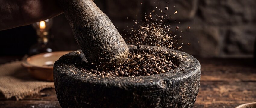 Stone mortar and pestle grinding whole black peppercorns with spices splashing in rustic kitchen setting over wooden table with lamp.