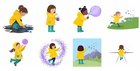 Set of cute little girls in yellow raincoats and rain boots playing with soap bubbles and jumping in puddles