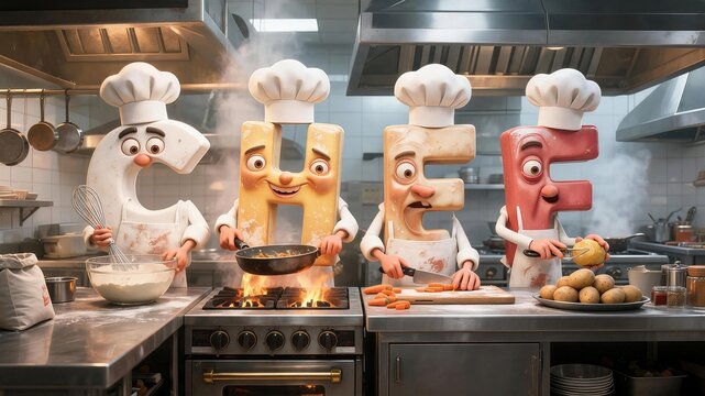 A Culinary Alphabet: Animated letters C, H, E, F, dressed as chefs, work together in a bustling commercial kitchen, preparing food with a whimsical and fun approach to cooking.