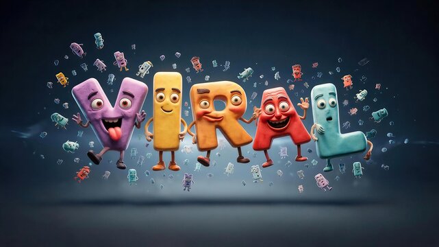 Viral Word Fun: The letters V, I, R, A, and L, anthropomorphized with cartoon faces and limbs, dance amidst a swirling nebula of floating characters and particles.