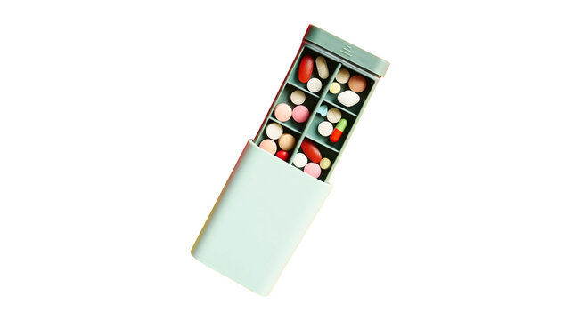 Daily pill organizer case filled with various colorful medications medication organizer supplements pharmaceutical vitamins healthcare medicine treatment wellness schedule container
