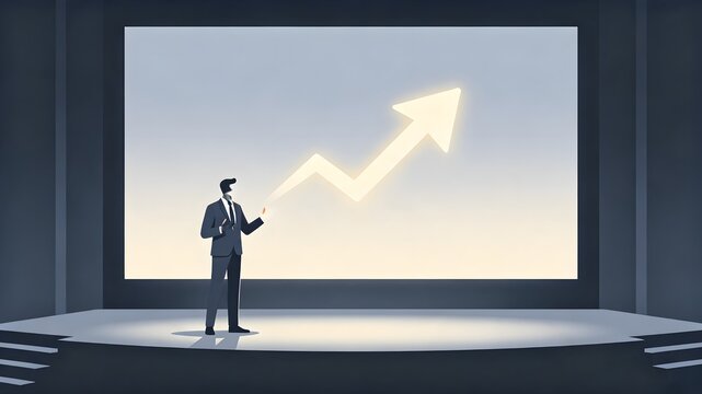 Businessman presenting a glowing growth chart arrow on a large screen stage