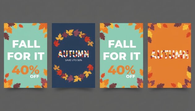 Autumn sale banner set, fall promotion posters with leaves and pumpkins, orange blue flyers with 40% off text for retail