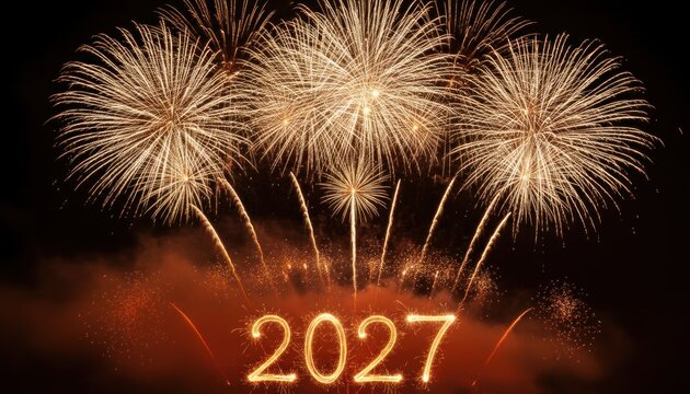 Golden fireworks 2027 celebration illustration, New Year night sky, festive holiday background for party and event promo