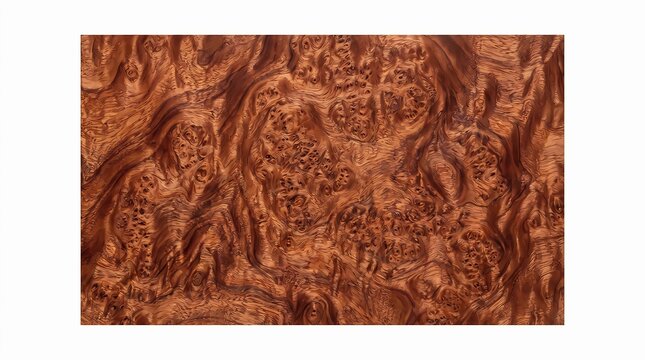 A detailed close up view of a rich dark brown wooden surface featuring intricate burl grain patterns throughout