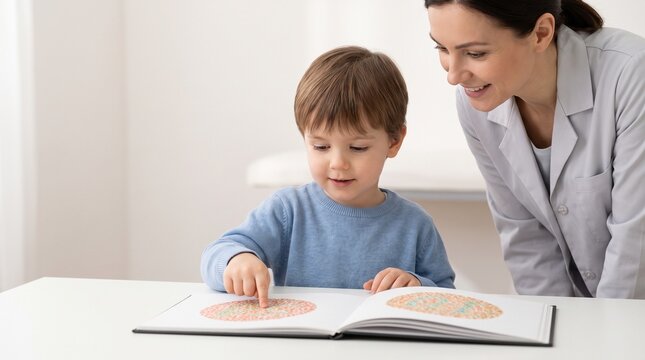 Child Taking Ishihara Color Vision Test During Pediatric Eye Examination for Color Blindness Screening