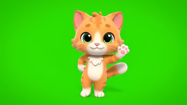 Cute cartoon ginger cat waving hello on a green screen background, animated character