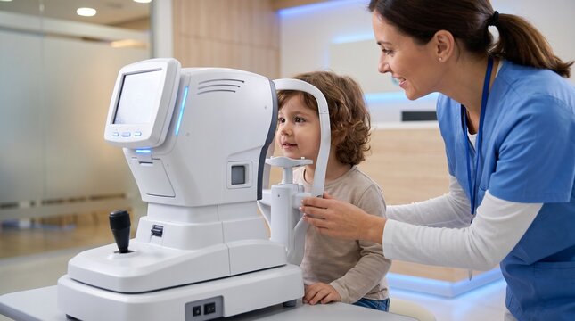 Child Undergoing Automated Refraction Test With Autorefractor During Pediatric Eye Examination