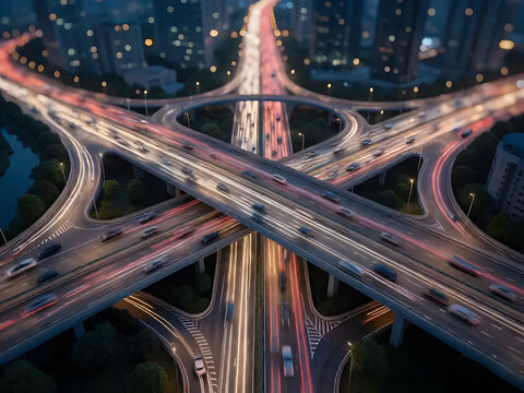 Highway interchange viewed from above with flowing traffic light trails, futuristic urban design, long exposure cityscape
