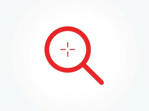 A red magnifying glass icon with a target in the center, symbolizing search and focus isolated on white background
