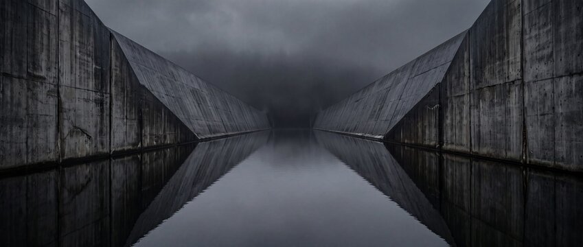 Concrete dam structure with symmetrical walls reflected in still water under a cloudy, foggy sky