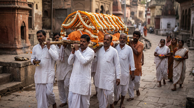 A traditional funeral procession walking along a stone-paved street in an ancient town, with a group of men dressed in white carrying a bamboo bier adorned with orange and white marigold flowers