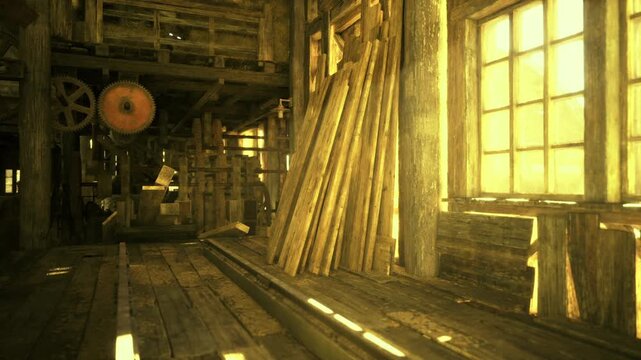 Stacked lumber beside sunlit window with warm dust, leaning planks, aged floorboards, distant pulley silhouette and cozy yet abandoned craftroom feeling