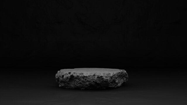 Detailed dark gray stone texture in black space, minimalist 3D render of rough rock background with copy space. 3d rendering illustration not AI