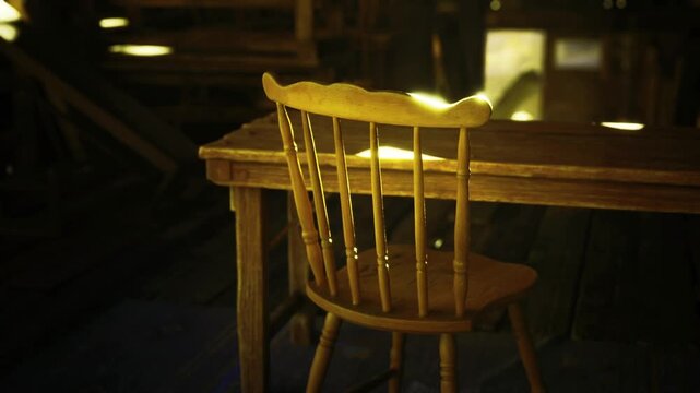 Lonely wooden chair facing cluttered desk in Namibian attic interior, dim light through slats reveals dust layers and nostalgic isolation with shadowed stair