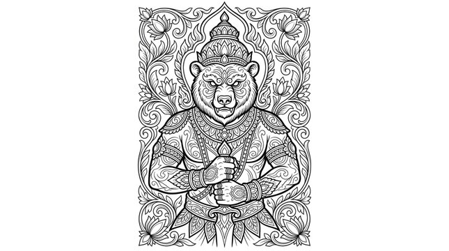 Halloween Bear Guardian Tattoo Style Line Art Illustration