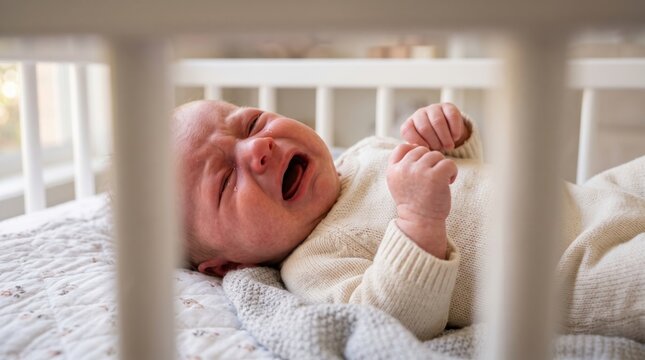 crying newborn baby lying in a white wooden crib wearing a knitted sweater, showing distress and discomfort in a bright nursery room