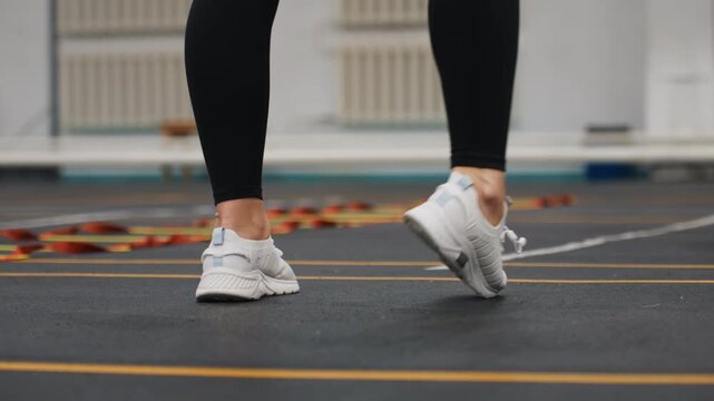 Two athletes warming up with synchronized movements on indoor badminton field. Duo enhancing their rallying abilities through precise foot positioning and seamless cooperation during warmup