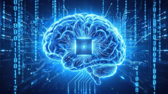 Glowing digital brain with central microchip in server room. Neural network and artificial intelligence concept. Lockdown shot.