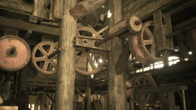 Sepia machinery closeup showing interlocked gears and tooth detail, high contrast of metal and wood textures, evocative historical industrial mood and tactile