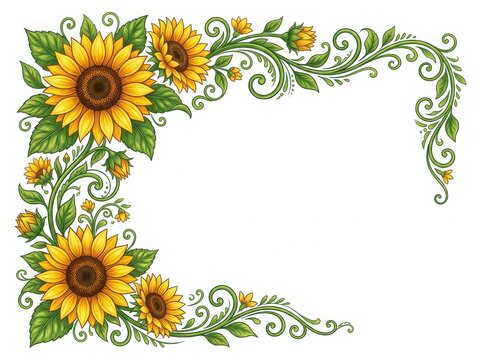 A corner border design featuring sunflowers, leaves, and curling vines. This illustration is perfect for invitations, cards, or decorative elements. isolated on white background