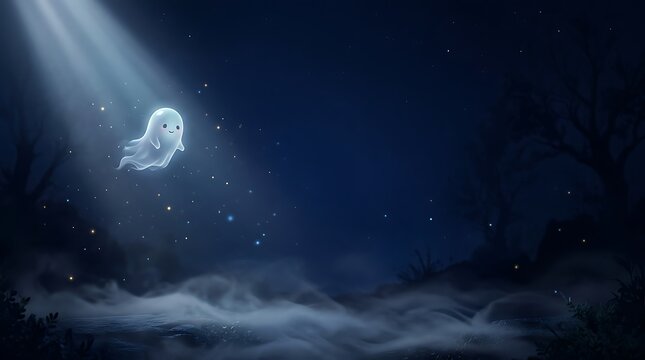 A hauntingly beautiful halloween night scene featuring a spectral ghost illuminated by a dramatic moonbeam creating a spooky and atmospheric backdrop for festive celebrations