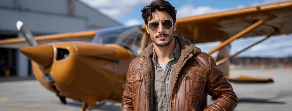 A young man in a leather jacket stands proudly by a vintage aircraft under a bright blue sky, enjoying the outdoor setting