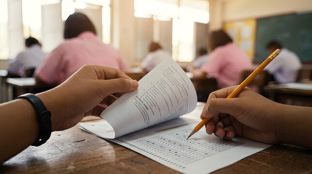 Close-up of Student Hand Holding Pencil and Exam Paper in a Classroom Setting for Academic Assessment