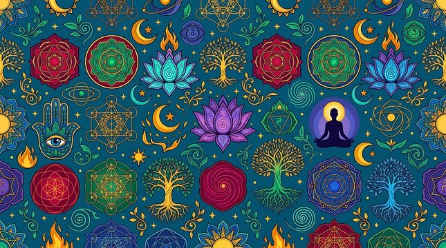 Spiritual seamless pattern featuring mystical symbols and meditation