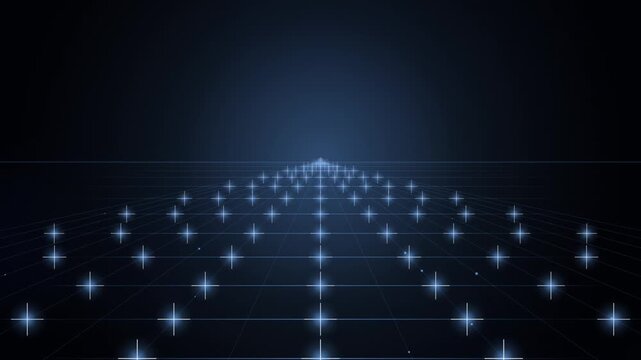 Futuristic digital grid with glowing light points receding into a dark virtual space, illustrating advanced technology concept.